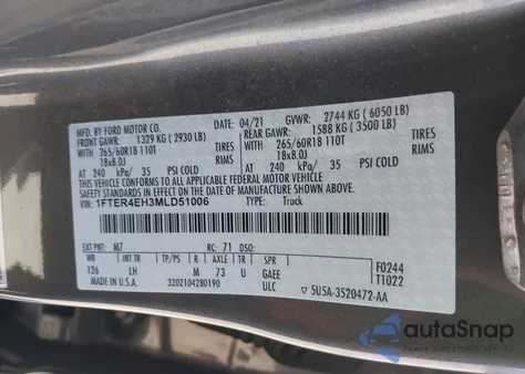 2021 Ford Ranger Xl из США, поврежденный, VIN 1FTER4EH3MLD51006